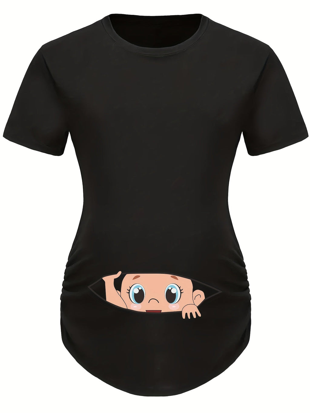 Letter Printed Short-sleeved Maternity Wear Black T-shirt with Big-eyed Baby Pattern