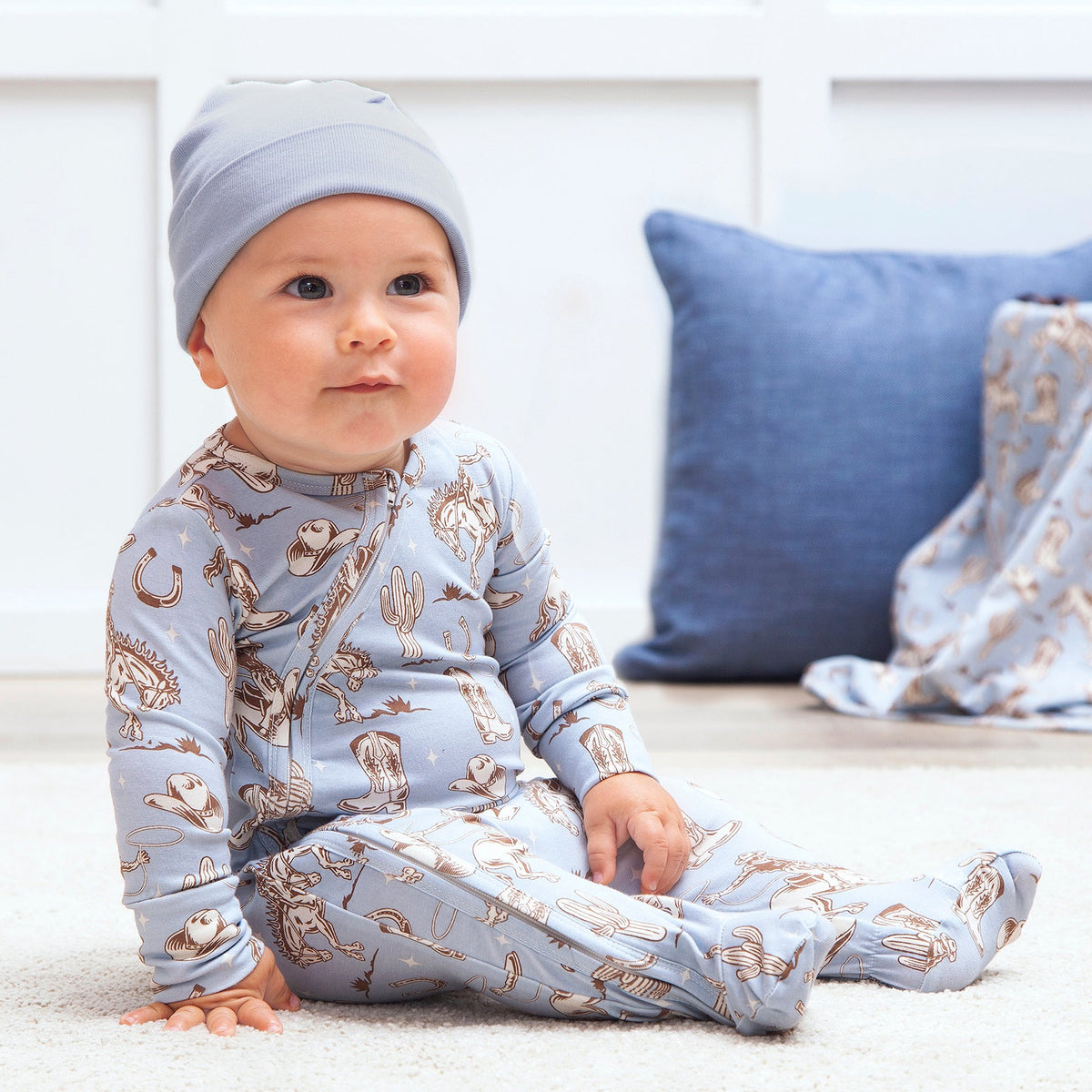 Wild Wrangler/Blue Western Baby Boy Bamboo Zipper Romper