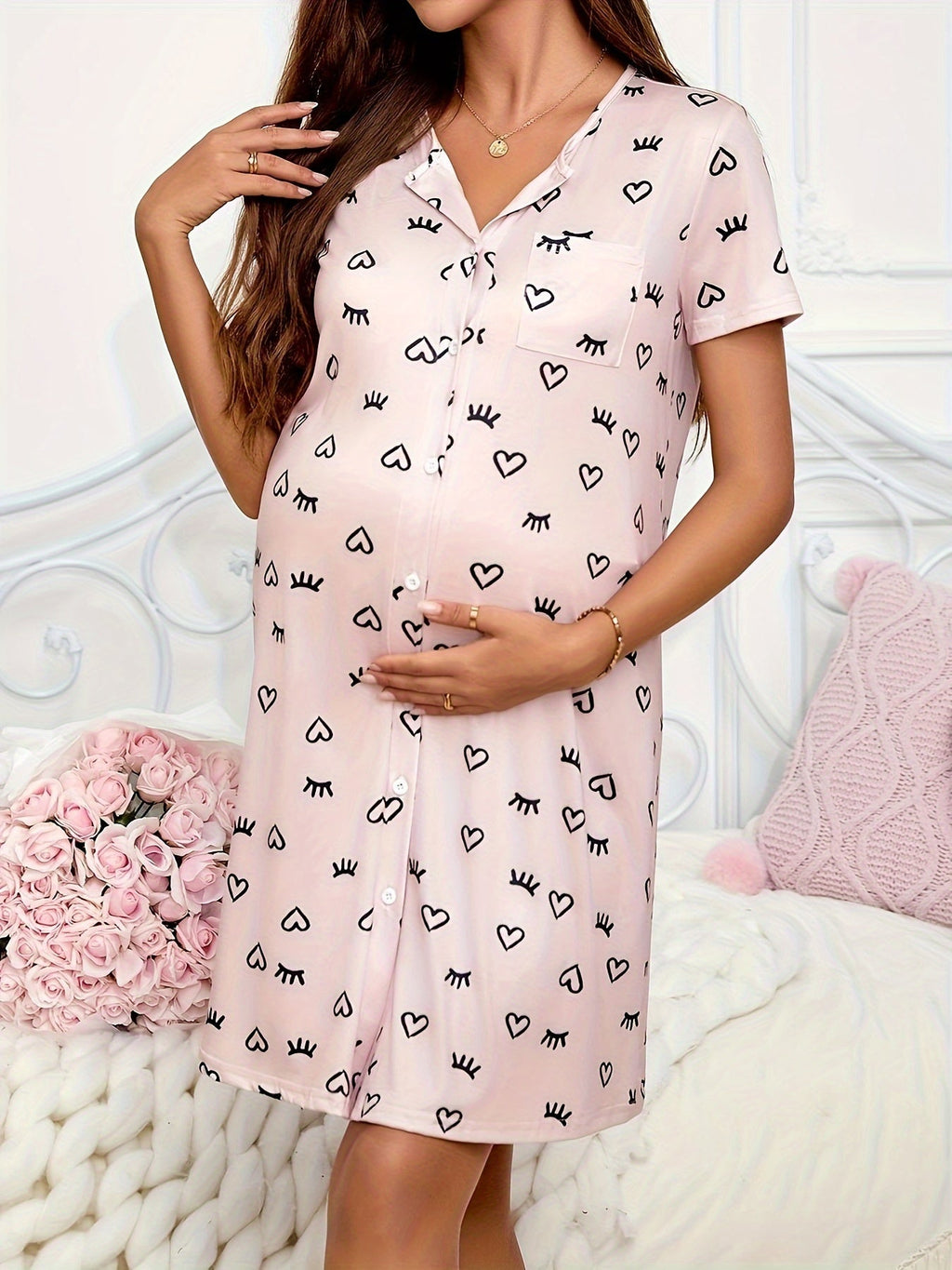 Heart Print Maternity Nightgown — Button-Front Cute Sleep Dress for Pregnant Women