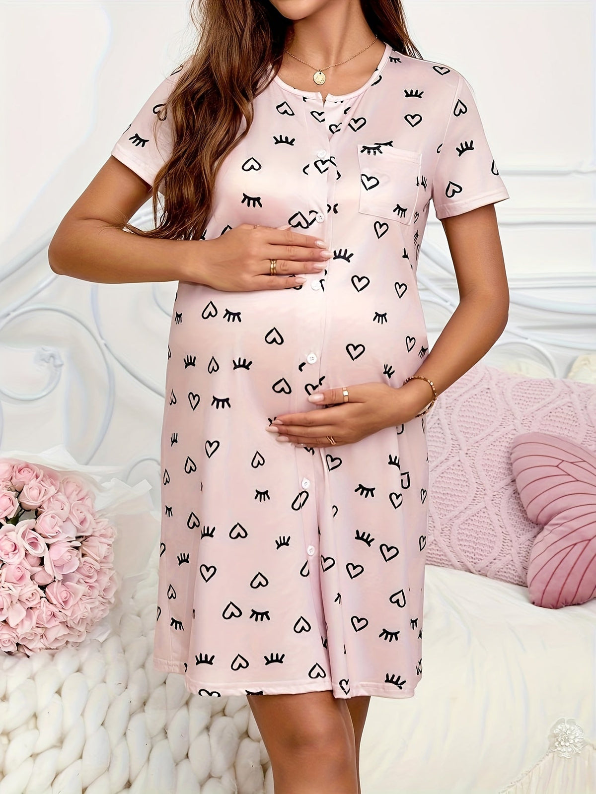 Heart Print Maternity Nightgown — Button-Front Cute Sleep Dress for Pregnant Women