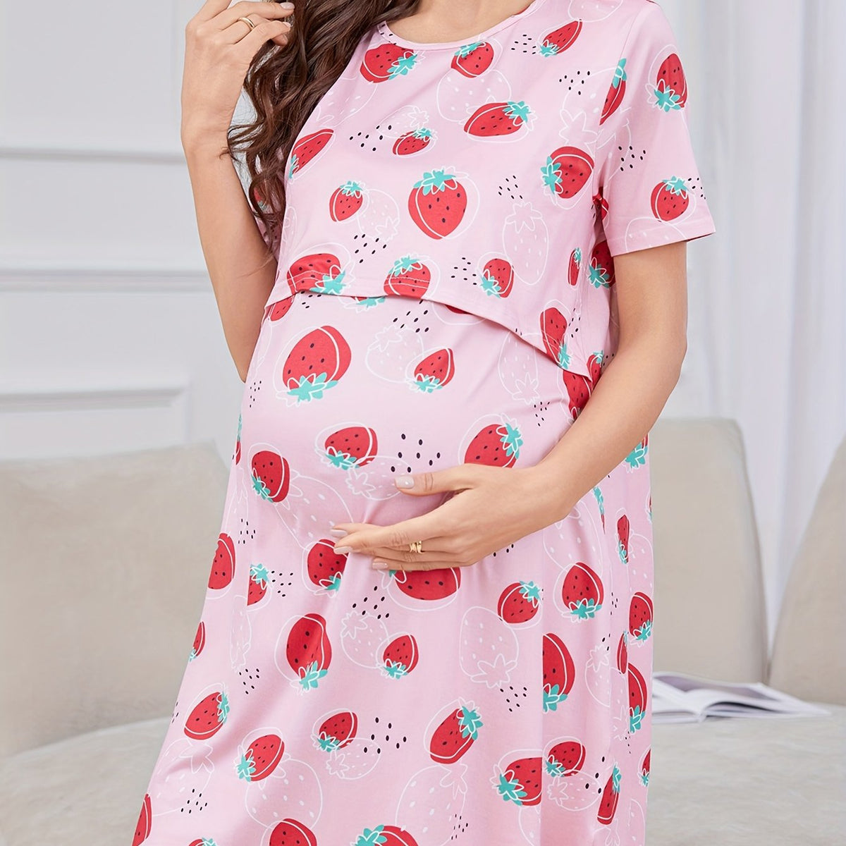 Comfortable Maternity Nursing Nightgown – Butterfly Leaf Print Stretch Nightdress for Pregnant Women