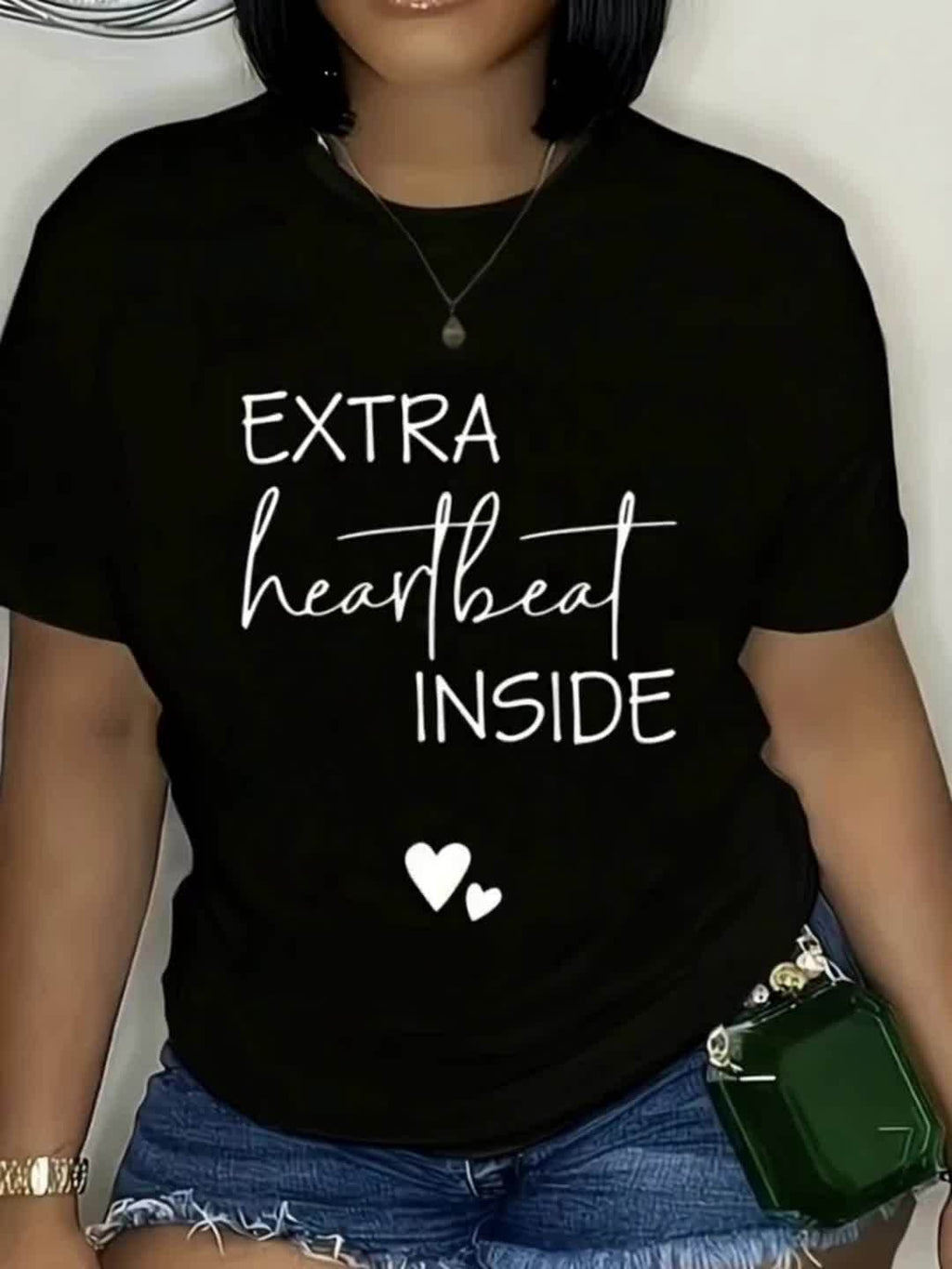 Extra Heartbeat Inside" Graphic Maternity Tee - Casual & Comfy Polyester-Spandex Blend, Short Sleeve, Round Neck Women's Pregnancy Announcement Top with Cute Heart Detail, Machine Washable