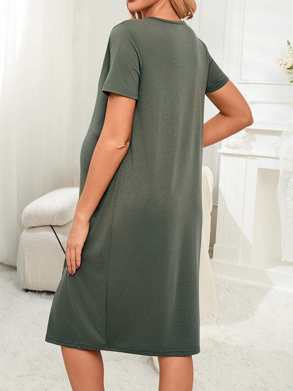 Monochrome Maternity Nightgown — Comfortable Pregnant Women's Sleep Dress