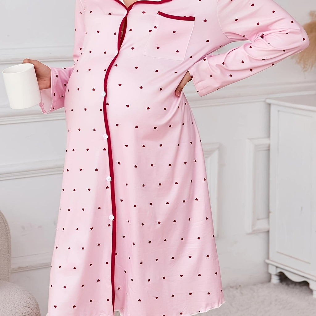 Maternity Heart-Print Long Sleeve Sleep Dress with Pockets — Soft Pink & Red Trim, Breathable Knit Nightgown for Pregnant Women, All-Season Pregnancy Sleepwear