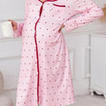 Maternity Heart-Print Long Sleeve Sleep Dress with Pockets — Soft Pink & Red Trim, Breathable Knit Nightgown for Pregnant Women, All-Season Pregnancy Sleepwear