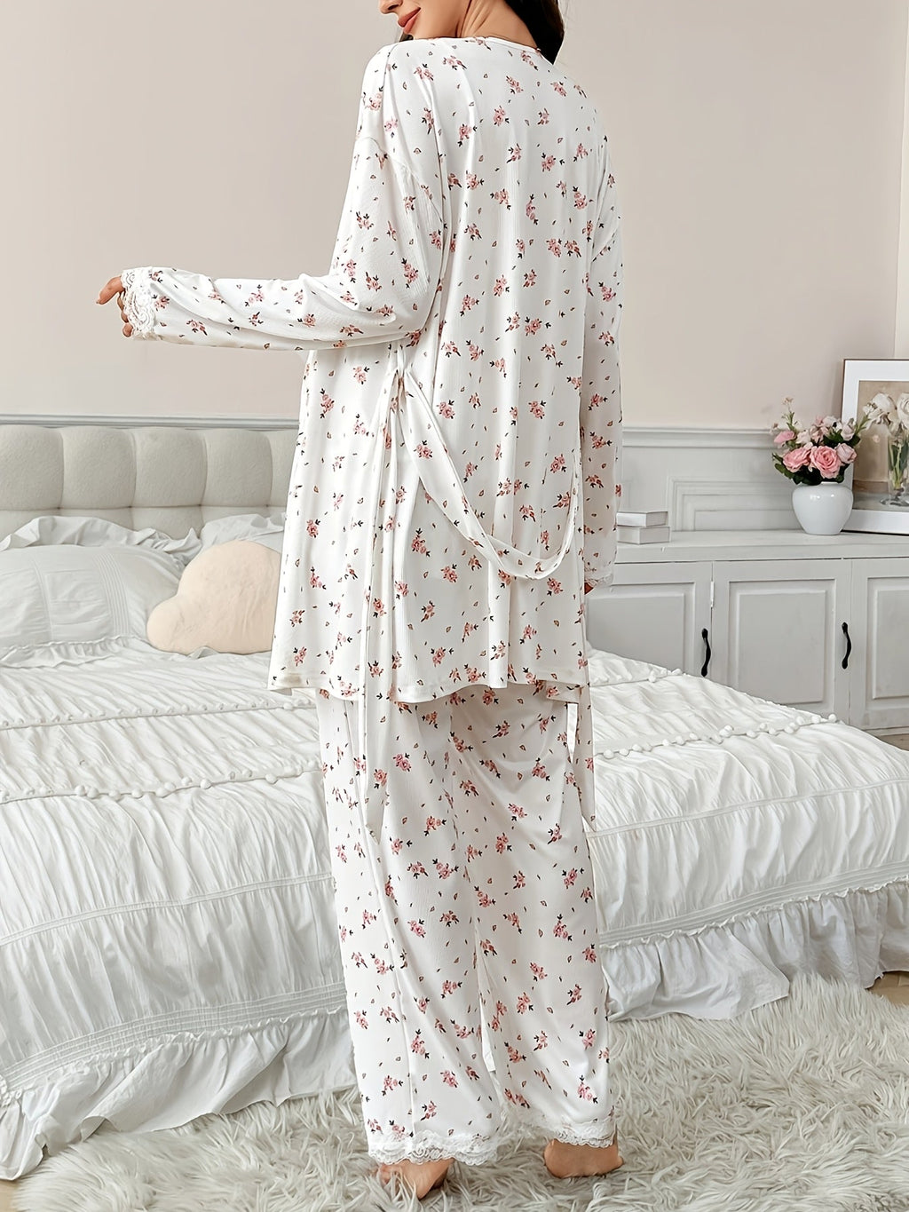 Maternity Pajama 3-Piece Set — Floral Lace Camisole, Pajama Pants & Robe for Pregnant Women