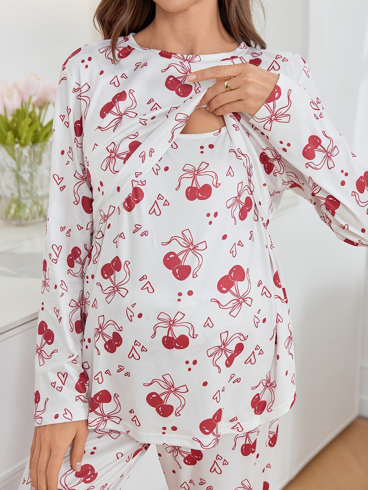 Elegant Maternity & Nursing Pajama Set for Pregnant Women — Butterfly & Floral Bow Print, Long Sleeve Layered Nursing Top