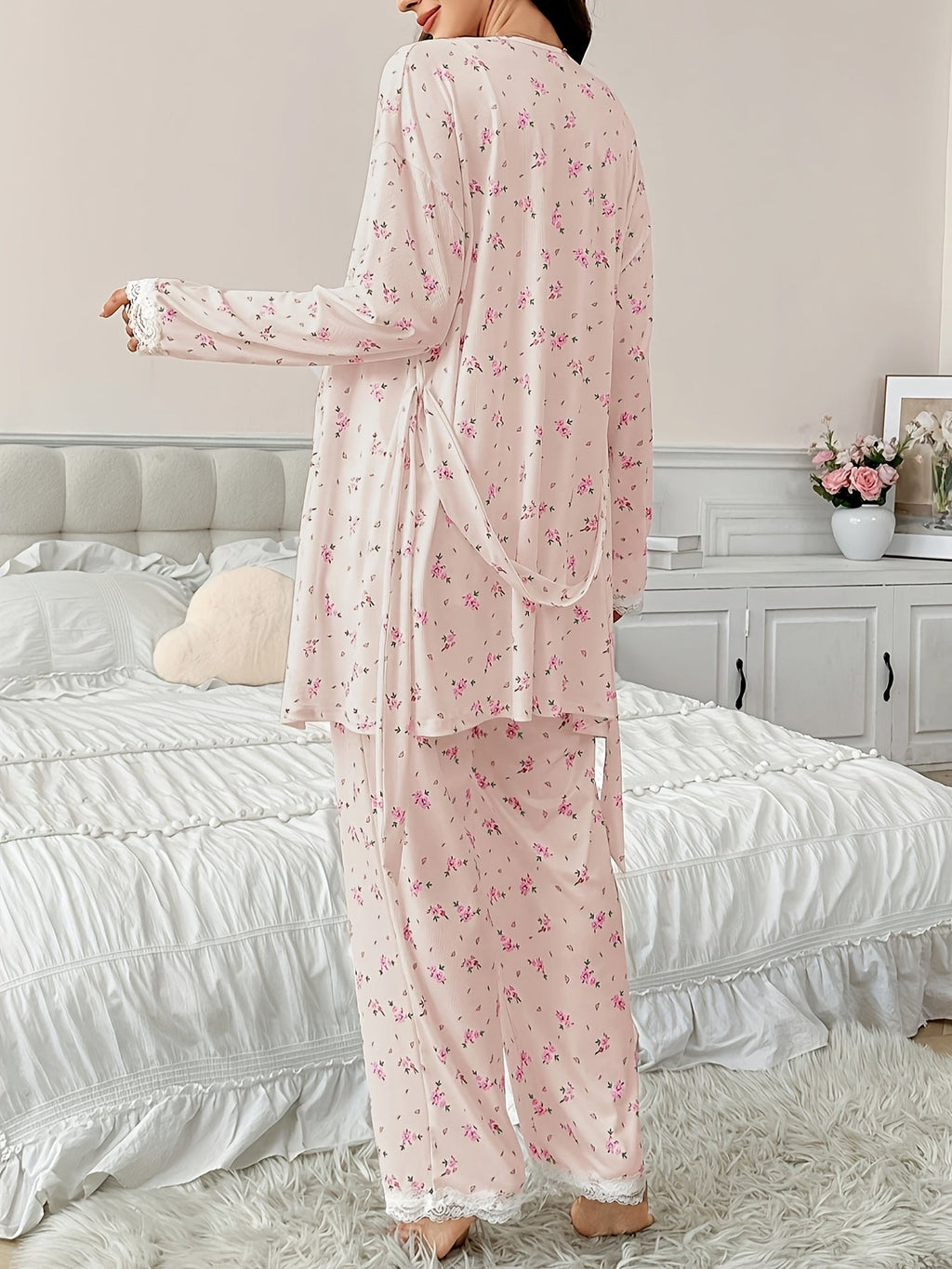 Maternity Pajama 3-Piece Set — Floral Lace Camisole, Pajama Pants & Robe for Pregnant Women