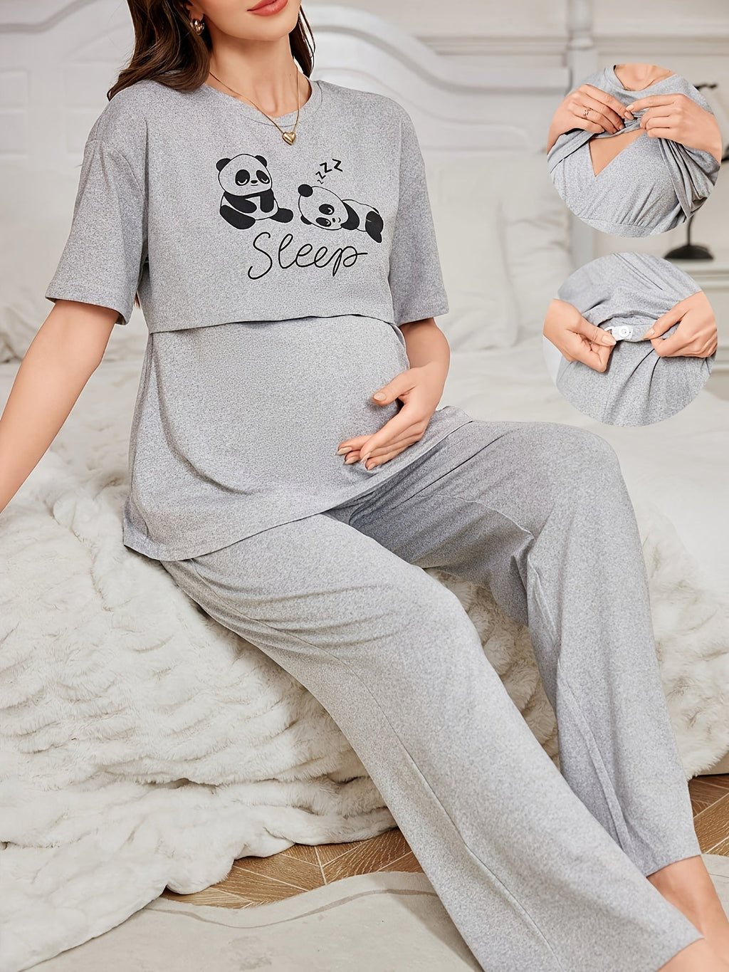 Cute Panda Print Maternity Nursing Pajama Set – Short-Sleeve Nursing Top & Pants for Pregnant Women