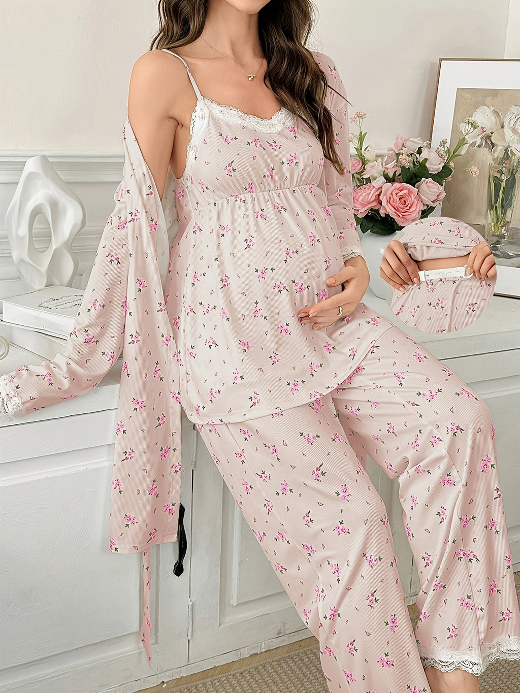 Maternity Pajama 3-Piece Set — Floral Lace Camisole, Pajama Pants & Robe for Pregnant Women