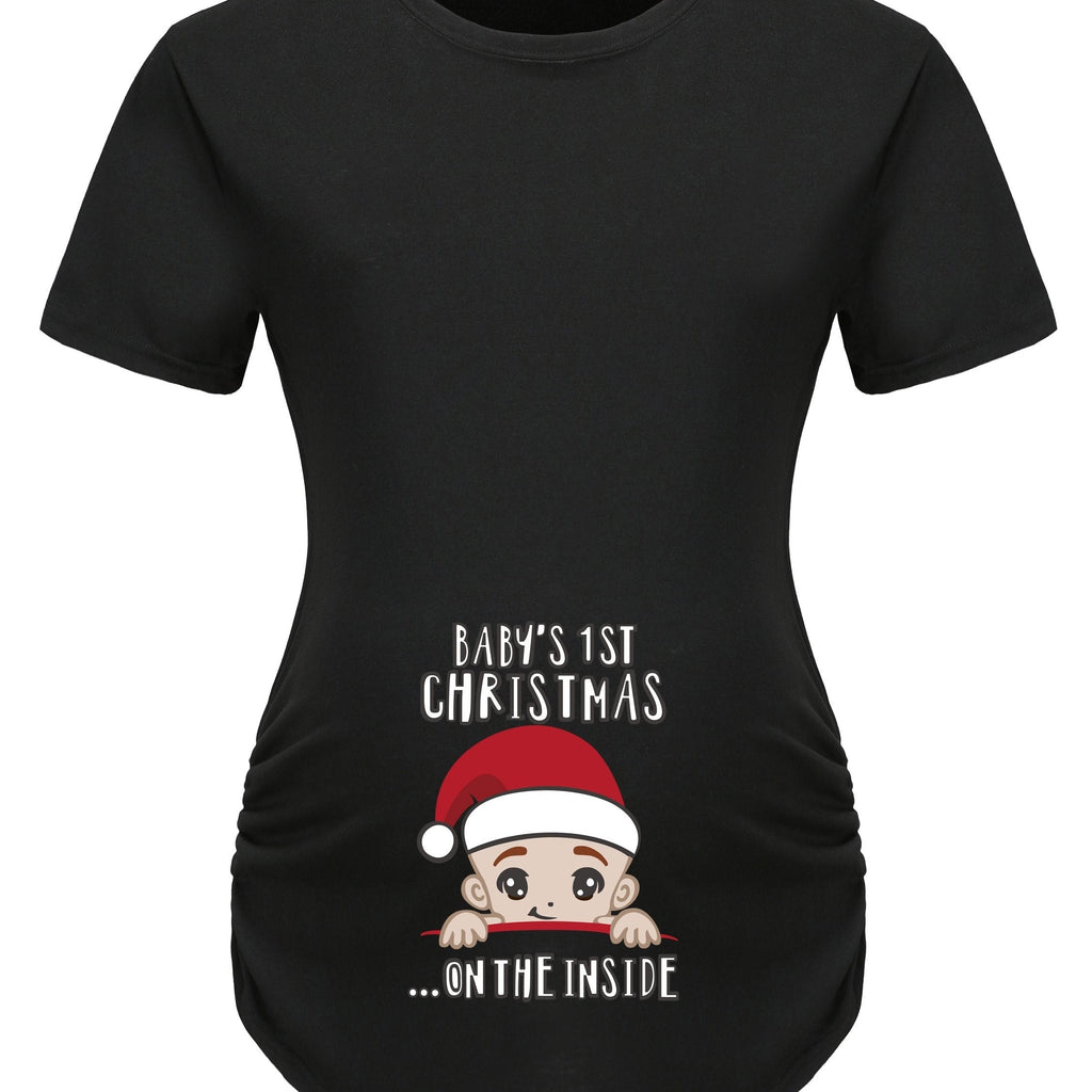Actflash Festive Christmas Youngsters Print Maternity Tee - Comfy Polyester & Spandex Blend, Crew Neck, Short Sleeve, Perfect for Summer, Christmas Hat, Cute Youngsters Announcement Shirt