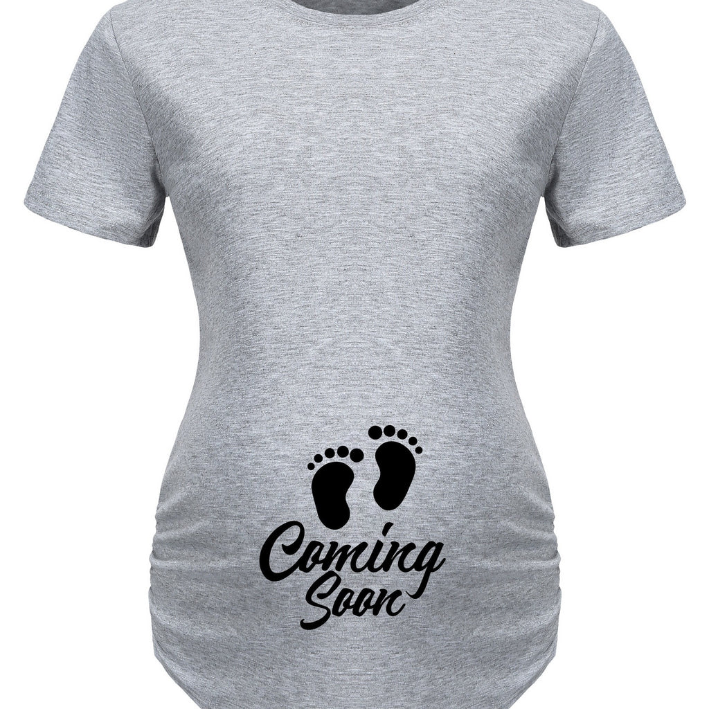 Maternity Casual Cartoon Cute Footprint Print Short Sleeve Slim Fit T-shirt For Summer Pregnancy Gift