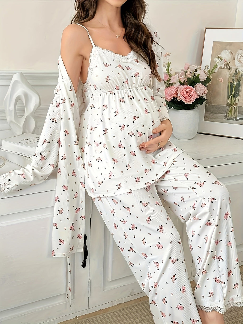 Maternity Pajama 3-Piece Set — Floral Lace Camisole, Pajama Pants & Robe for Pregnant Women