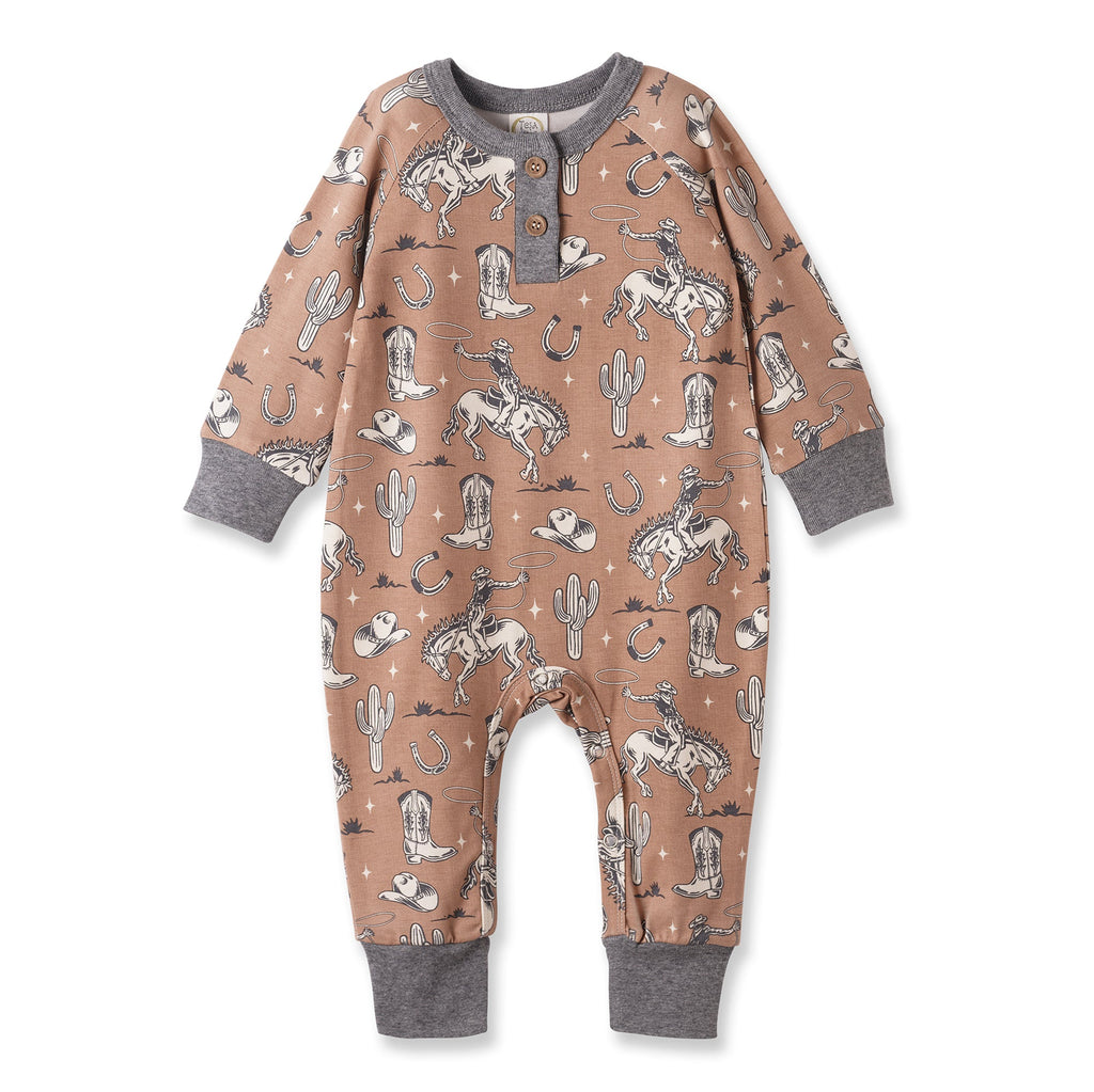 Wild Wrangler/Brown Western Bamboo Henley Romper for Babies