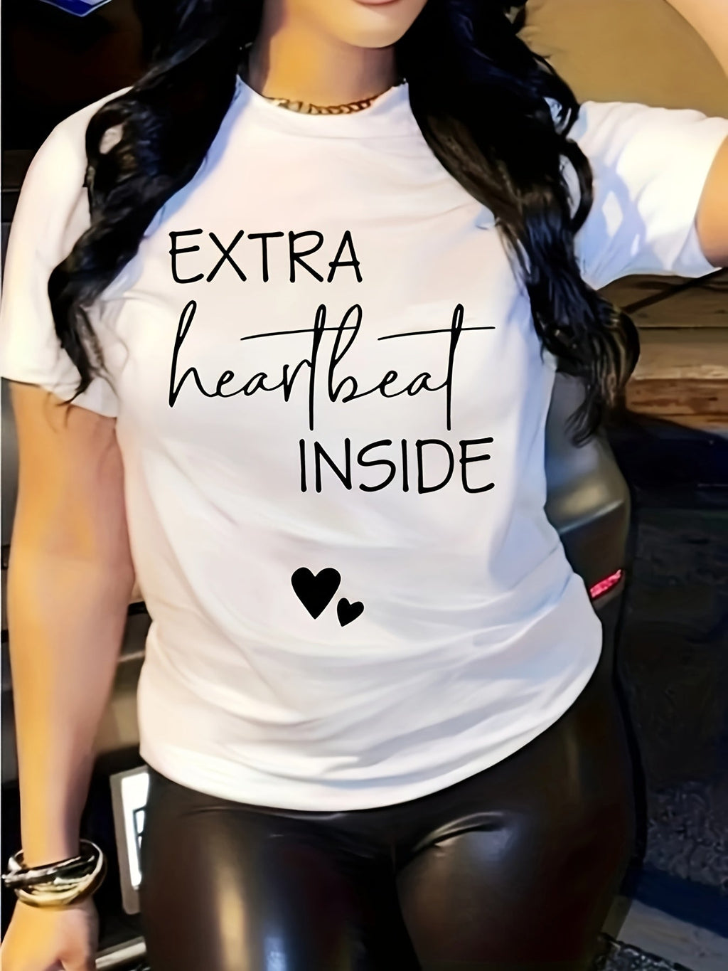 Extra Heartbeat Inside" Graphic Maternity Tee - Casual & Comfy Polyester-Spandex Blend, Short Sleeve, Round Neck Women's Pregnancy Announcement Top with Cute Heart Detail, Machine Washable