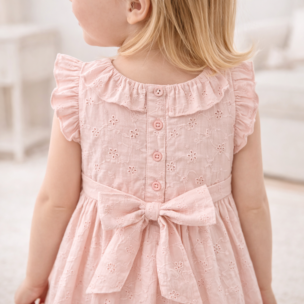 Eyelet Girl's Cotton Dress for Special Occasions - Pink
