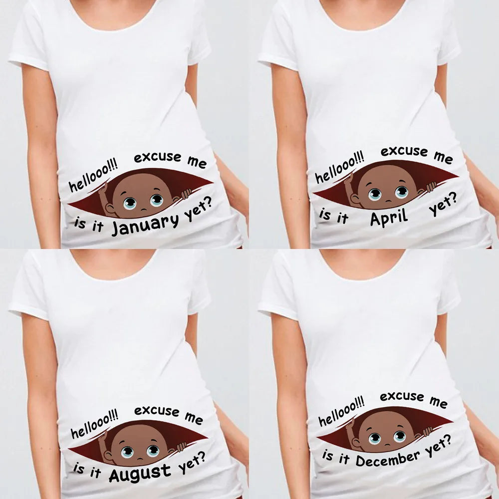 "Excuse Me, Is It January Yet?" 12 Months Summer Maternity Pregnancy T-Shirt | Black Baby Print Women Tee | Pregnant Clothes
