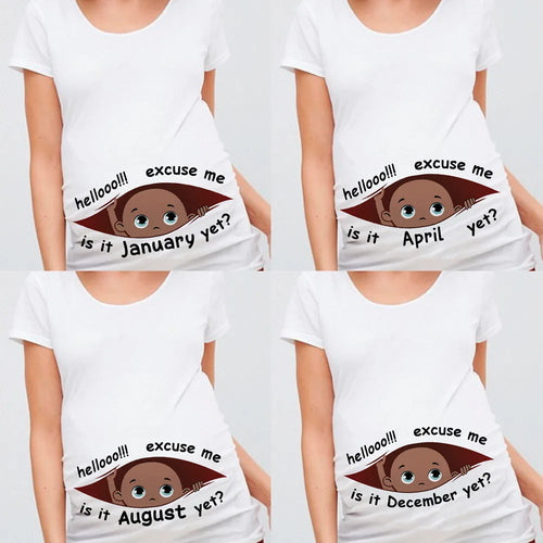 "Excuse Me, Is It January Yet?" 12 Months Summer Maternity Pregnancy T-Shirt | Black Baby Print Women Tee | Pregnant Clothes