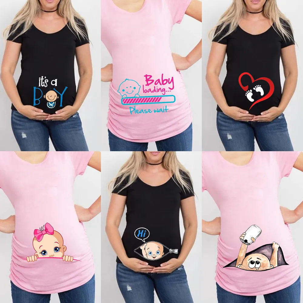 Summer Funny Cartoon Print Maternity T-Shirt | Pink Plus-Size Short Sleeve Tops | Pregnant Women Hot Sale T-Shirts