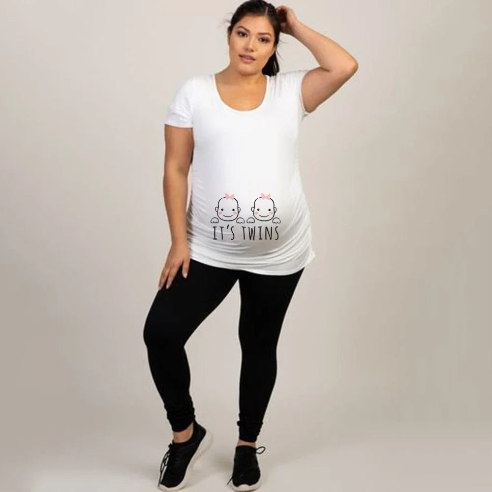 It's Twins Pregnancy T-Shirt | Maternity Tops | Plus-Size Short Sleeve Cartoon Print Announcement Tee for Pregnant Women