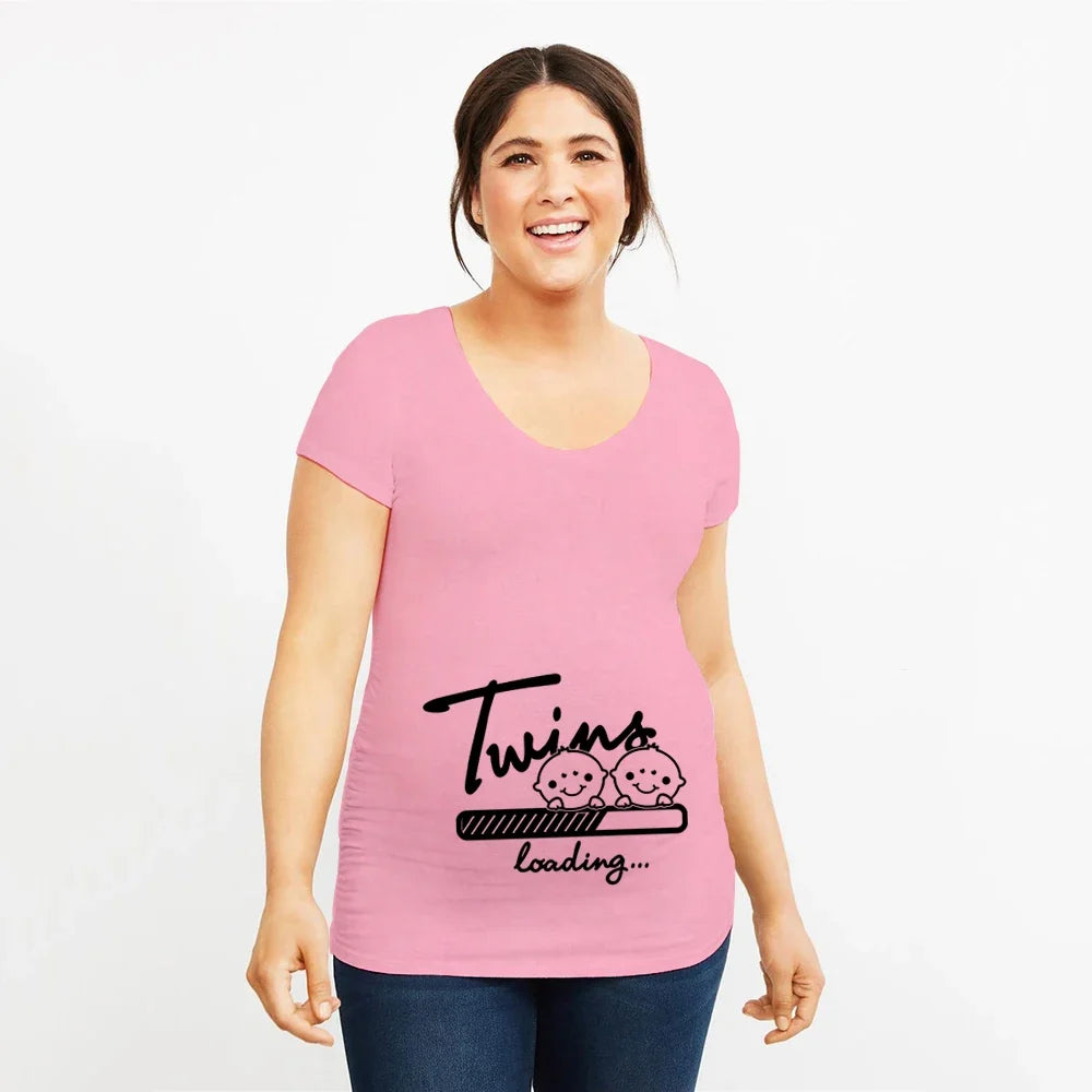 It's Twins Pregnancy T-Shirt | Maternity Tops | Plus-Size Short Sleeve Cartoon Print Announcement Tee for Pregnant Women