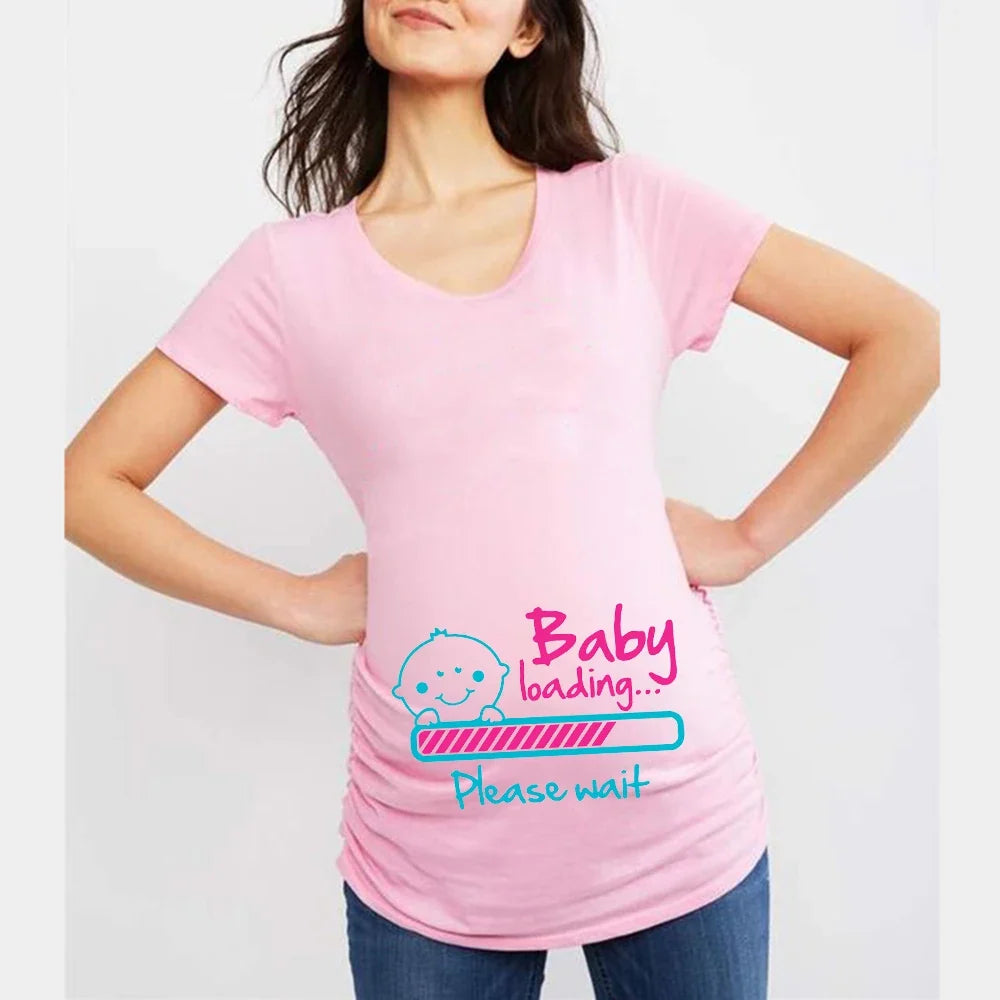 Summer Funny Cartoon Print Maternity T-Shirt | Pink Plus-Size Short Sleeve Tops | Pregnant Women Hot Sale T-Shirts
