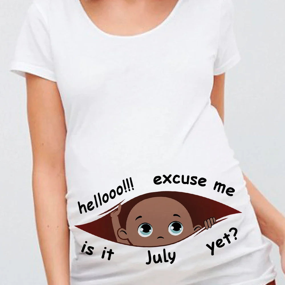 "Excuse Me, Is It January Yet?" 12 Months Summer Maternity Pregnancy T-Shirt | Black Baby Print Women Tee | Pregnant Clothes