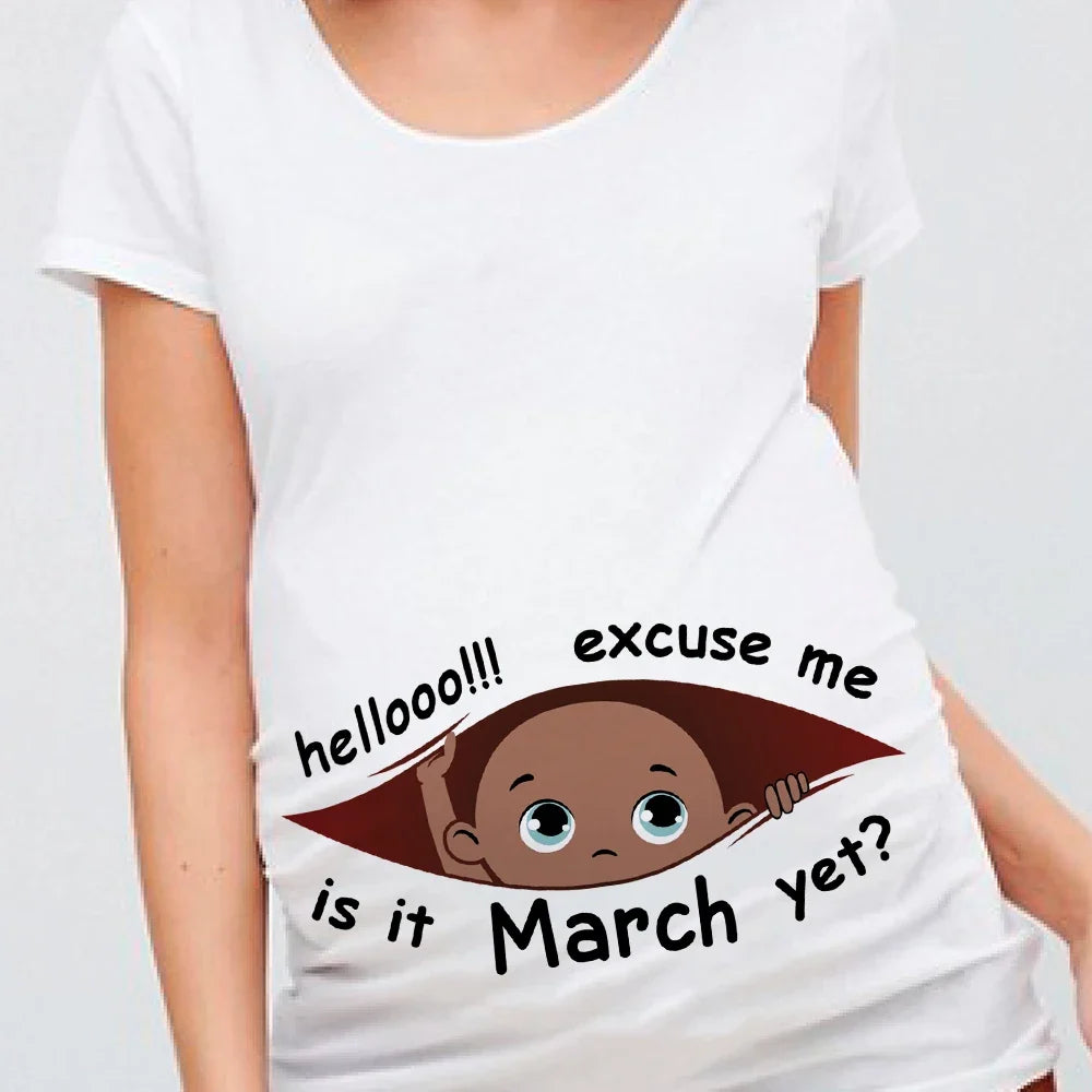 "Excuse Me, Is It January Yet?" 12 Months Summer Maternity Pregnancy T-Shirt | Black Baby Print Women Tee | Pregnant Clothes