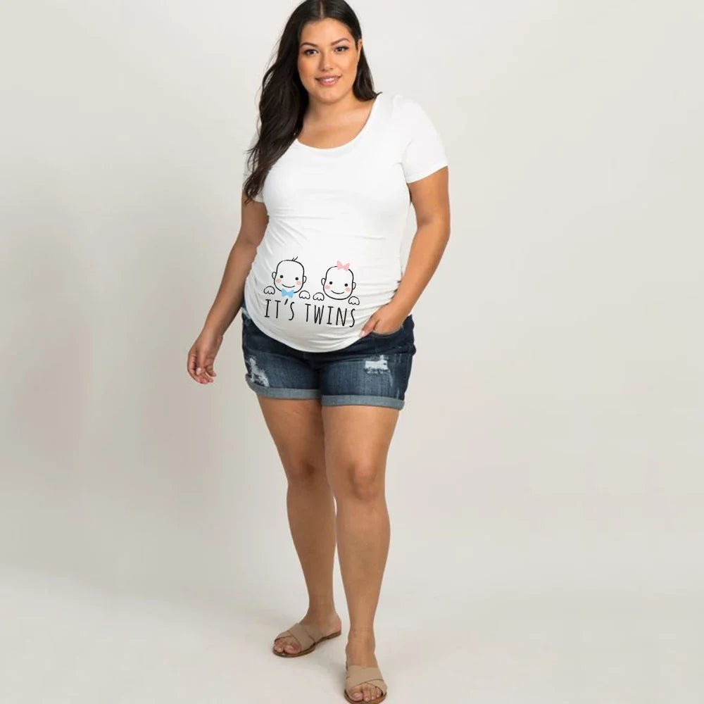 It's Twins Pregnancy T-Shirt | Maternity Tops | Plus-Size Short Sleeve Cartoon Print Announcement Tee for Pregnant Women