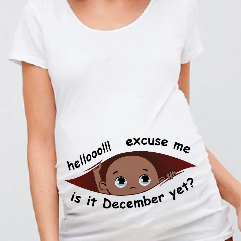 "Excuse Me, Is It January Yet?" 12 Months Summer Maternity Pregnancy T-Shirt | Black Baby Print Women Tee | Pregnant Clothes