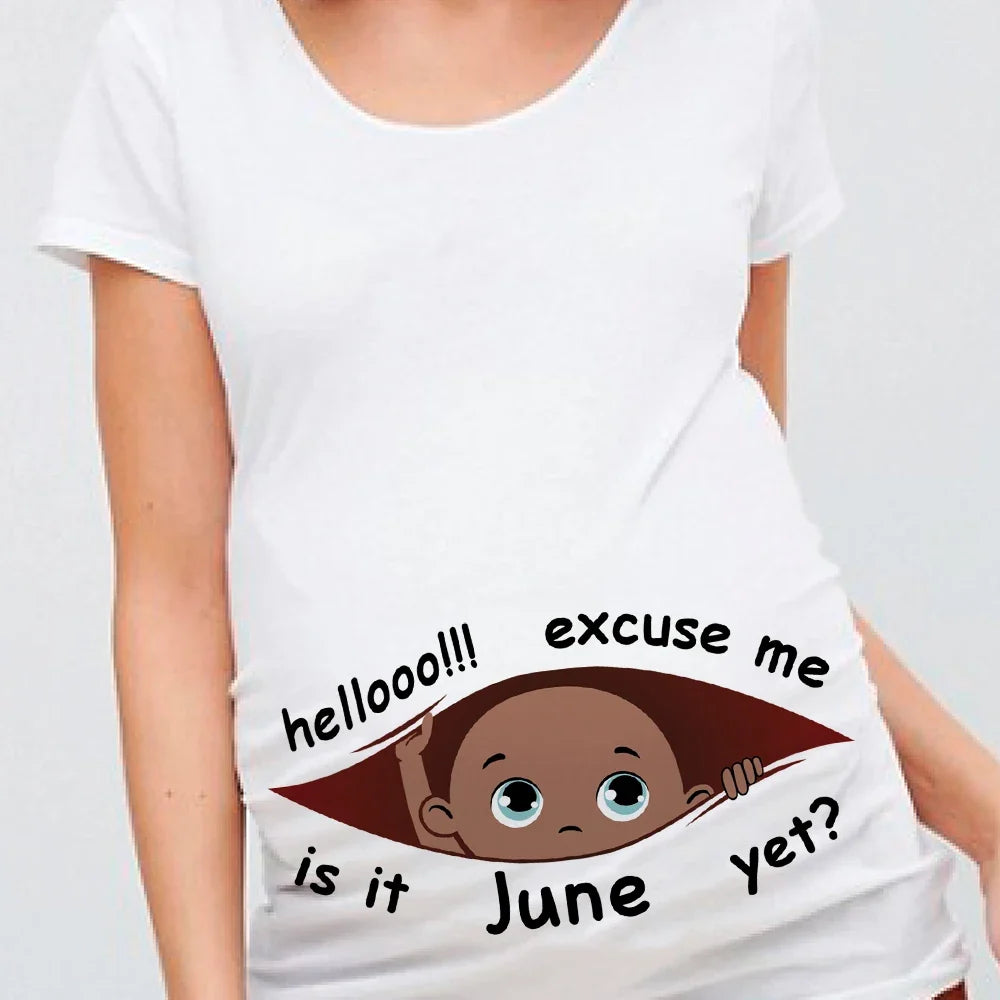 "Excuse Me, Is It January Yet?" 12 Months Summer Maternity Pregnancy T-Shirt | Black Baby Print Women Tee | Pregnant Clothes
