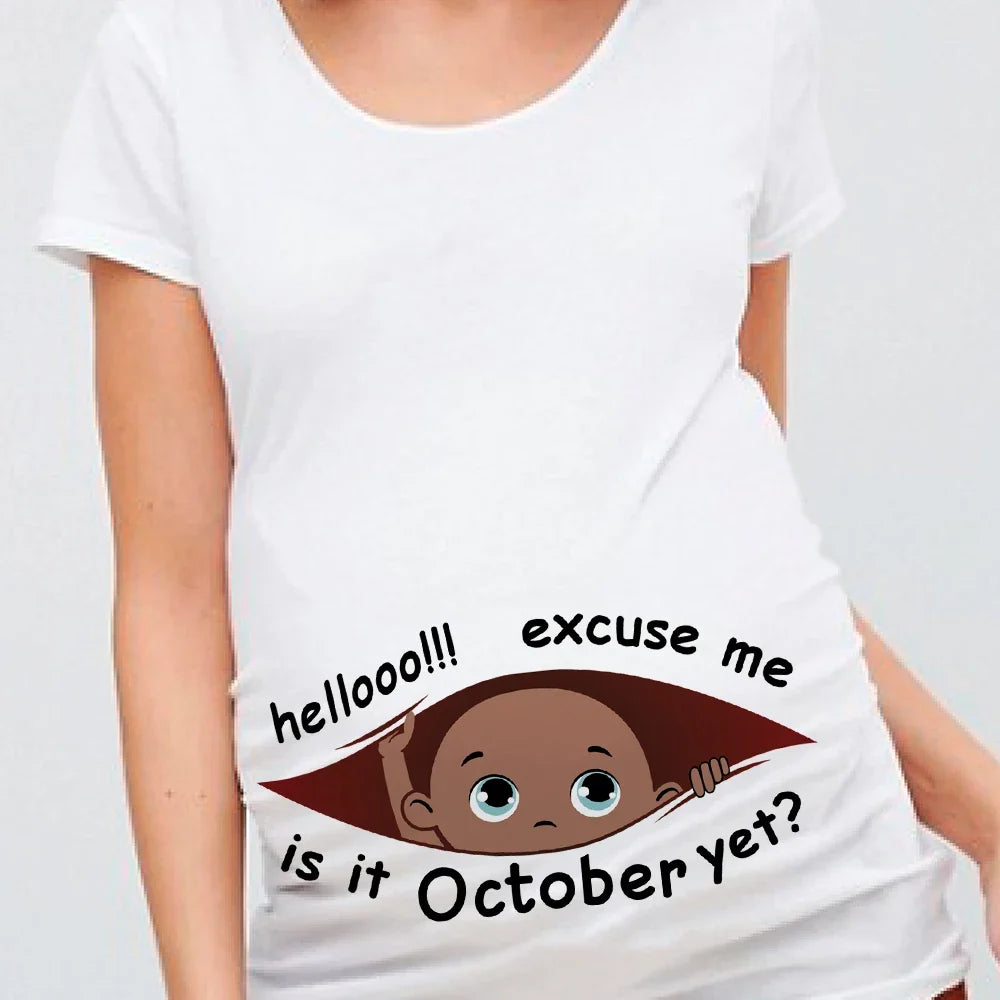 "Excuse Me, Is It January Yet?" 12 Months Summer Maternity Pregnancy T-Shirt | Black Baby Print Women Tee | Pregnant Clothes