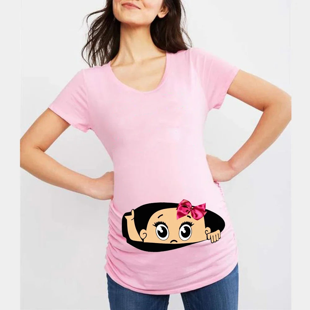 Summer Funny Cartoon Print Maternity T-Shirt | Pink Plus-Size Short Sleeve Tops | Pregnant Women Hot Sale T-Shirts