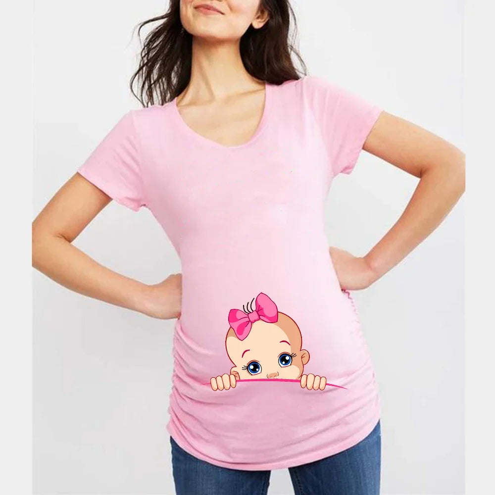 Summer Funny Cartoon Print Maternity T-Shirt | Pink Plus-Size Short Sleeve Tops | Pregnant Women Hot Sale T-Shirts