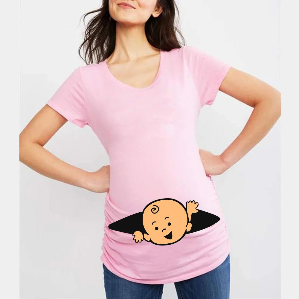 Summer Funny Cartoon Print Maternity T-Shirt | Pink Plus-Size Short Sleeve Tops | Pregnant Women Hot Sale T-Shirts