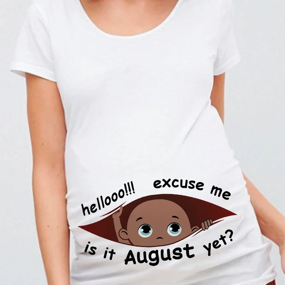 "Excuse Me, Is It January Yet?" 12 Months Summer Maternity Pregnancy T-Shirt | Black Baby Print Women Tee | Pregnant Clothes