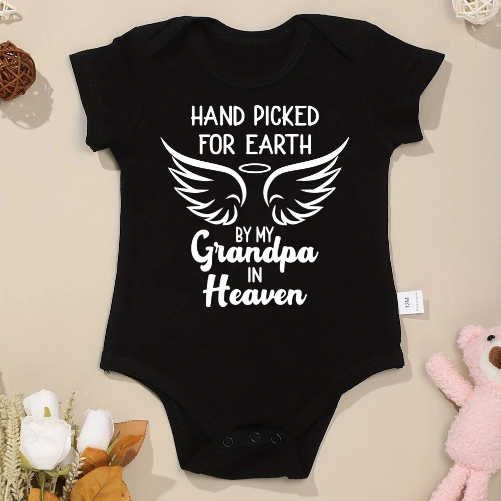 “Hand Picked for Earth by My Grandpa in Heaven” – Cute Newborn Onesie, Cotton Baby Bodysuit for Boys & Girls, Special Gift for Newborns