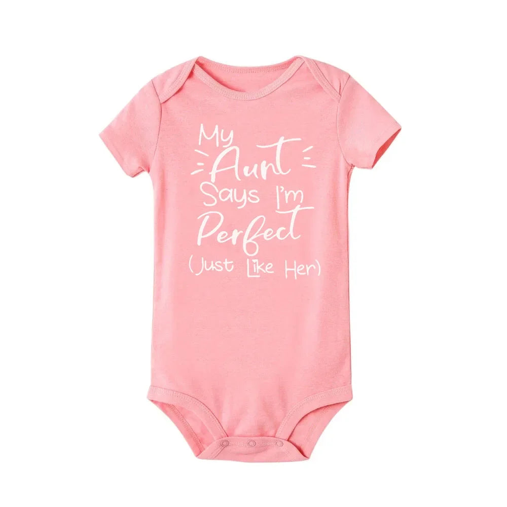 “My Aunt Says I’m Perfect” Letter Printed Infant Toddler Jumpsuit – Summer Newborn Bodysuit – Funny Auntie Baby Clothes – Baby Shower Gifts