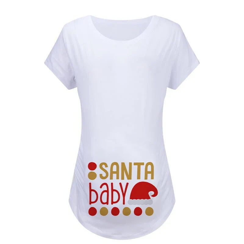 Christmas Women's Maternity T-shirt Santa Baby Printed Pregnant Women T-shirt Pregnancy Casual Short Sleeve White Clothes