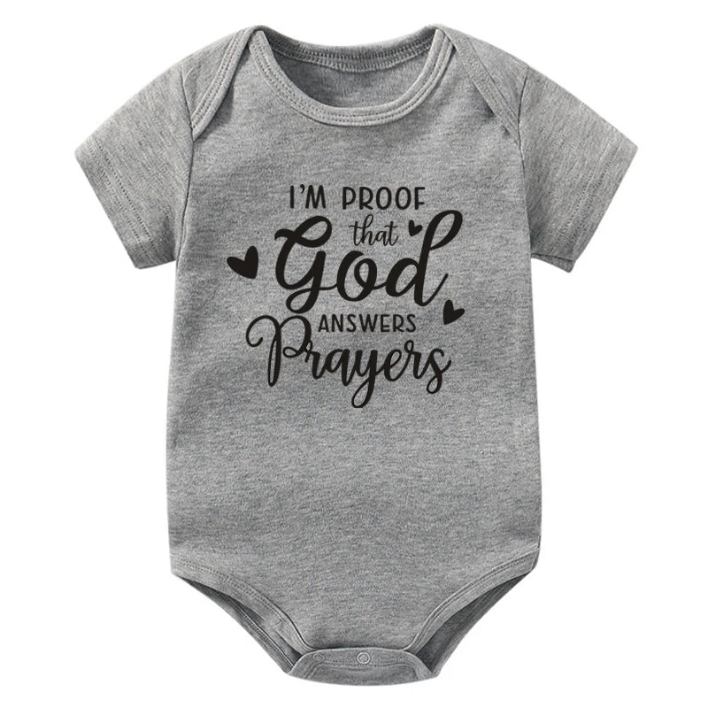 “I’m Proof God Answers Prayers” – Christian Newborn Baby Bodysuit, Short-Sleeve Infant Jumpsuit, Cute Summer Outfit & Holiday Gift