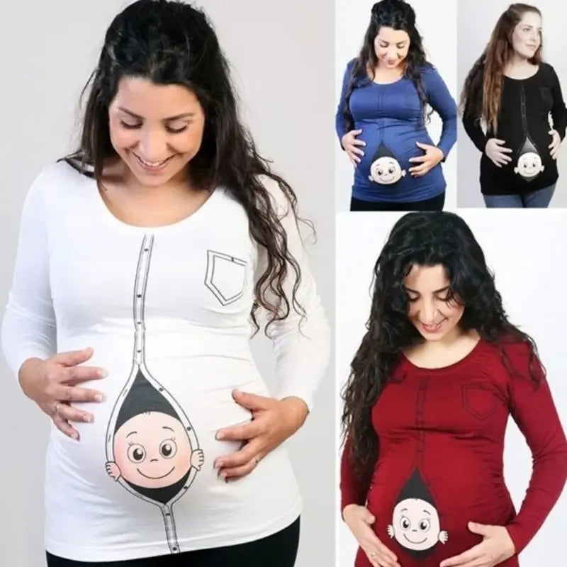 L-4XL Maternity T-Shirts | Funny Cute Baby Peeking Out | Maternity Shirts & Tops for Pregnant Women