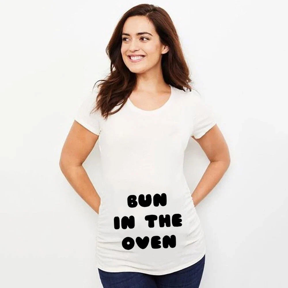 Fun Bun in The Oven Pattern Print Maternity T-shirt Comfortable Short Sleeve Pregnant Tee Women Pregnancy Announcement Clothing