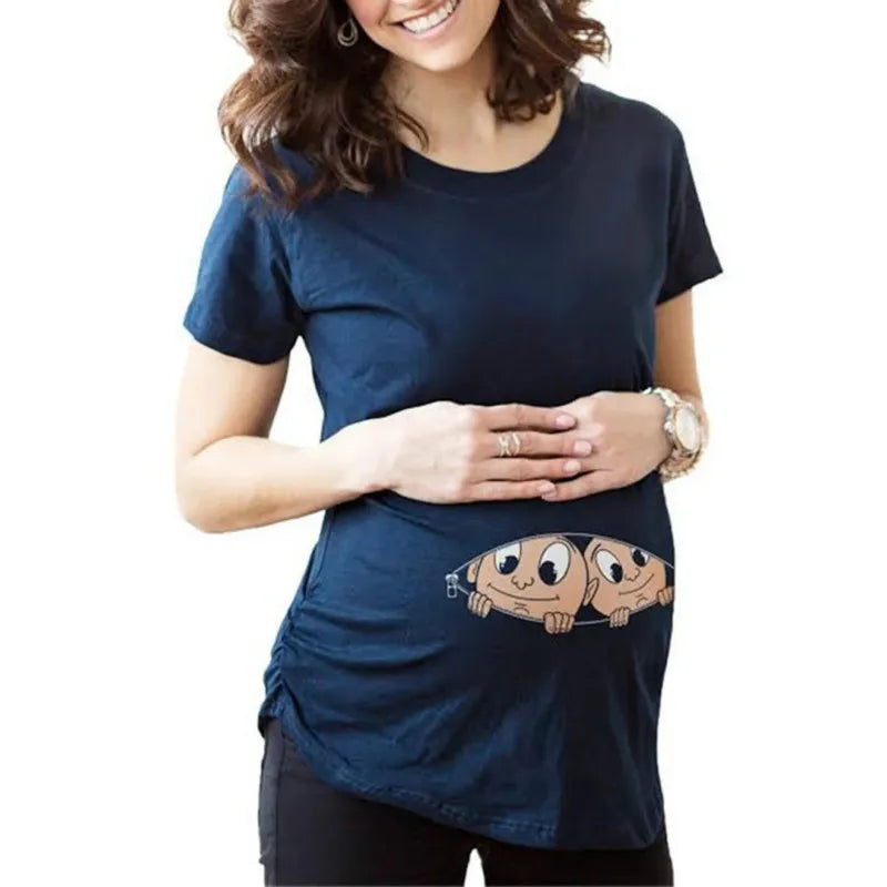 Summer Maternity Short Sleeve T-shirt Women Clothing Pregnant Zipper Twins Print Plus Size S-3XL Funny T-shirt Top Tees
