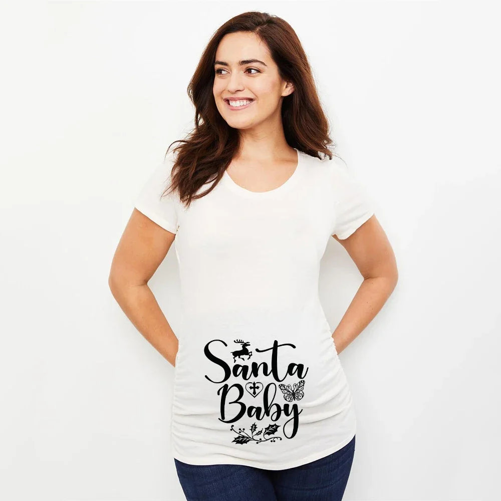 Christmas Santa Baby Print Maternity T-shirt Xmas Casual Pregnant Clothes Pregnancy Announcement T-shirt for Pregnant Women