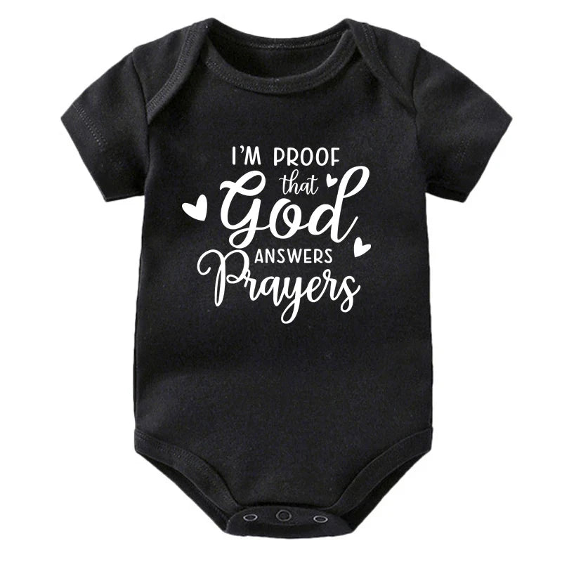 “I’m Proof God Answers Prayers” – Christian Newborn Baby Bodysuit, Short-Sleeve Infant Jumpsuit, Cute Summer Outfit & Holiday Gift