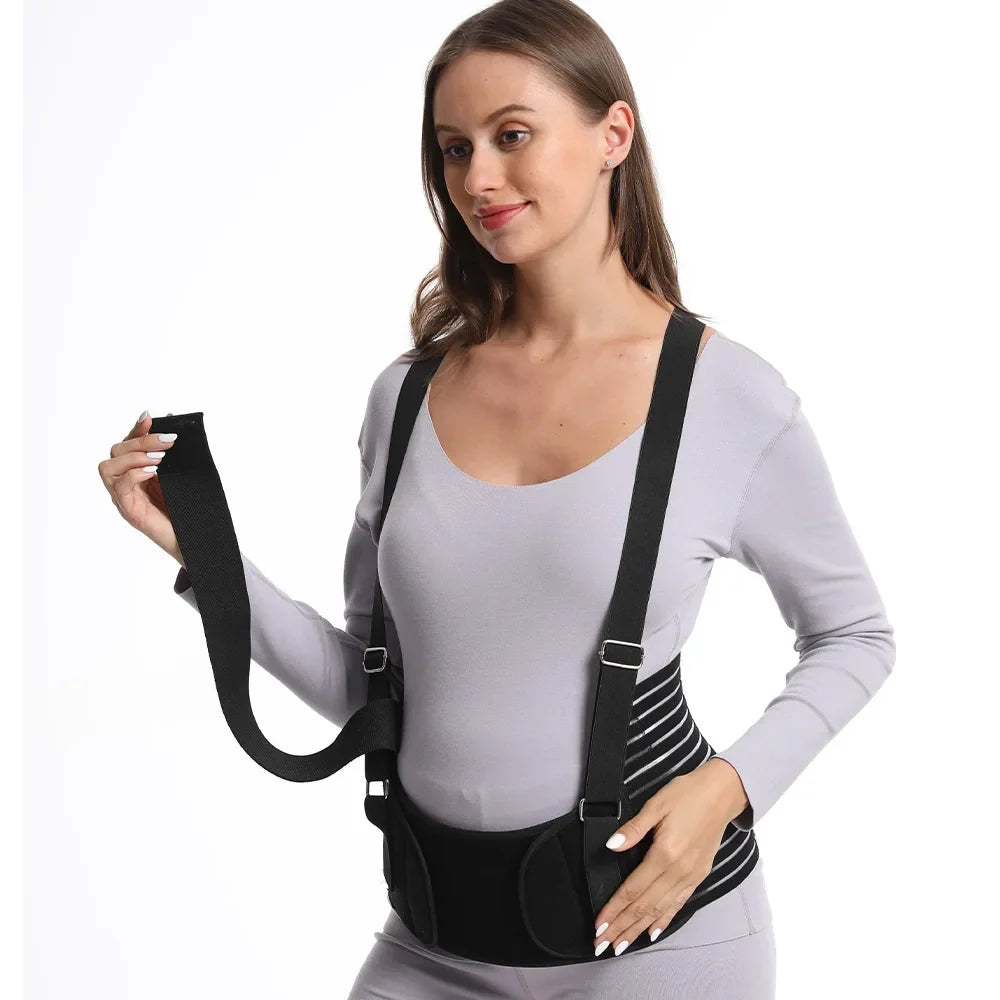 Double Support Back Abdomen Brace, Shoulder Strap Lumbar Adjustable Black M-XXL, Special Abdominal Care Belt for Pregnant Women