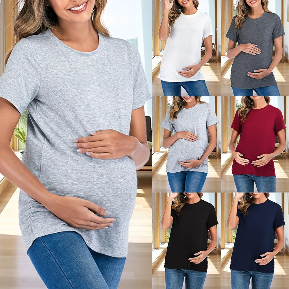New Maternity Clothes for Women | Solid Color T-Shirt Tees | Summer Short Sleeve Pullover Casual Pregnant Tops | XL XXL