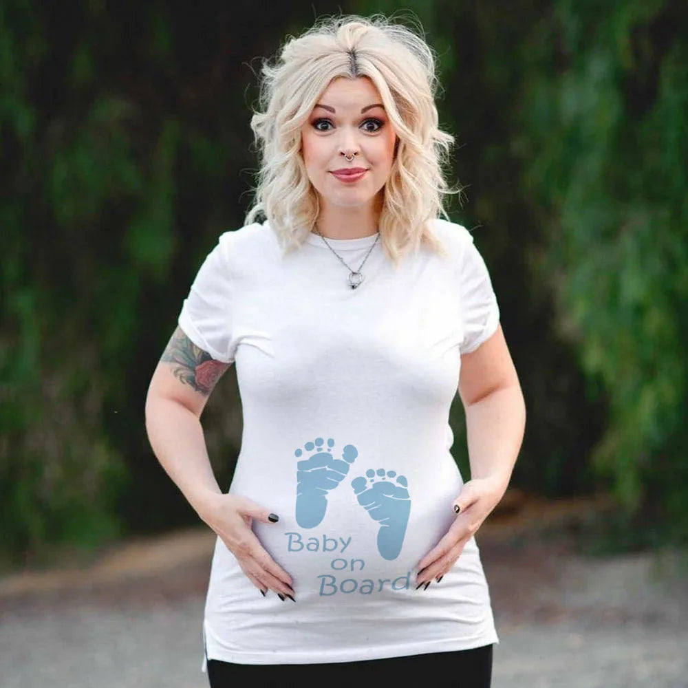 Plus Size Funny Maternity T-Shirt Baby on Board Pattern Print Pregnant Woman Tops, Pregnancy Short Sleeve T-Shirt Clothes
