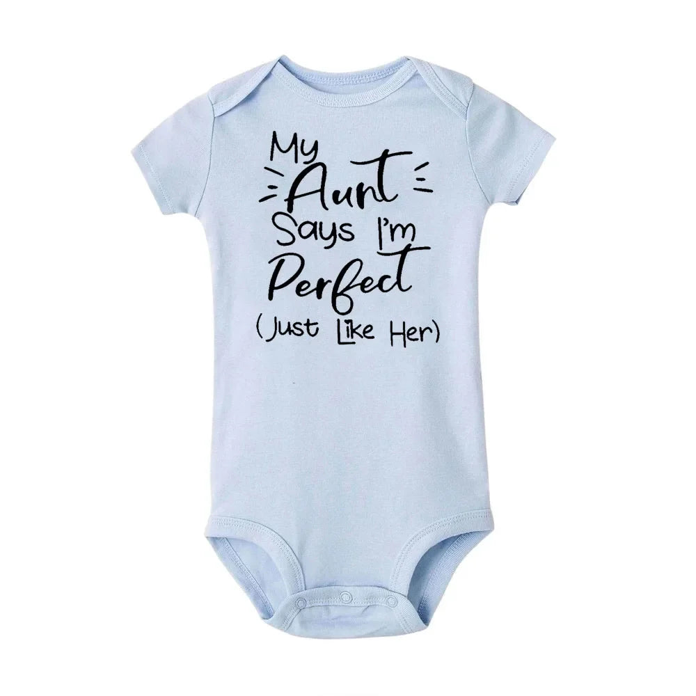 “My Aunt Says I’m Perfect” Letter Printed Infant Toddler Jumpsuit – Summer Newborn Bodysuit – Funny Auntie Baby Clothes – Baby Shower Gifts