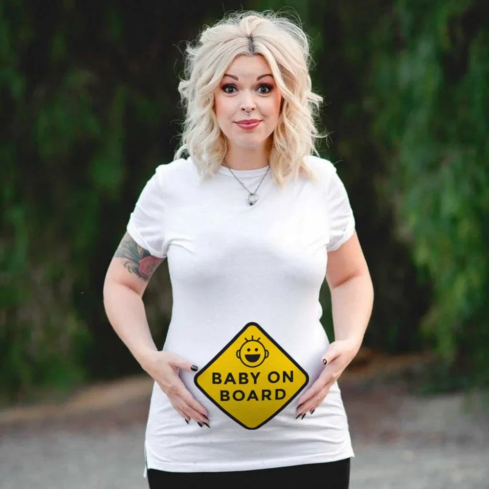 Plus Size Funny Maternity T-Shirt Baby on Board Pattern Print Pregnant Woman Tops, Pregnancy Short Sleeve T-Shirt Clothes